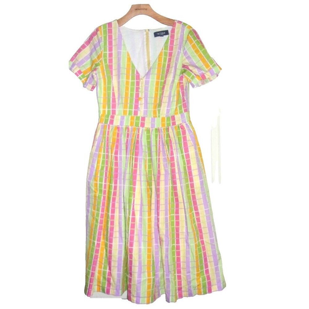 Modcloth Fit and Flare Dress Sz. M Plaid Pink Green Yellow + Midi Maxi Cotton